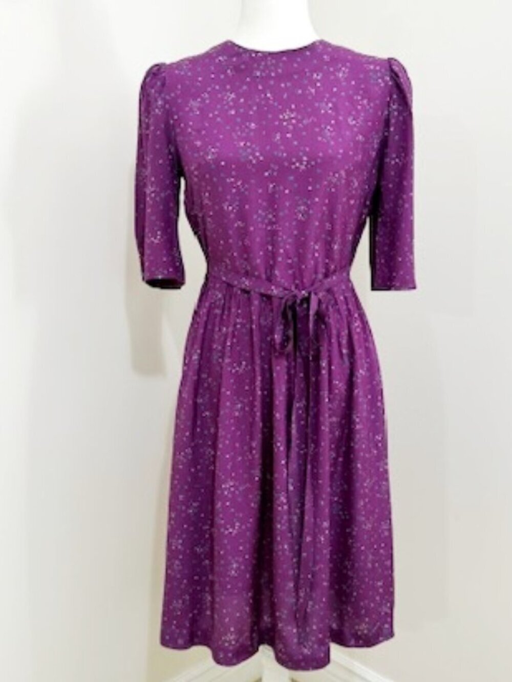 Vintage 70's Jane Schaffhausen Bell France Purple Tie Waist Prairie Midi Dress 4